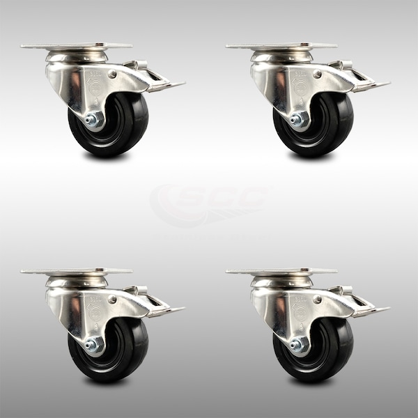 3 Inch 316SS Soft Rubber Swivel Top Plate Caster Set Total Lock Brake SCC